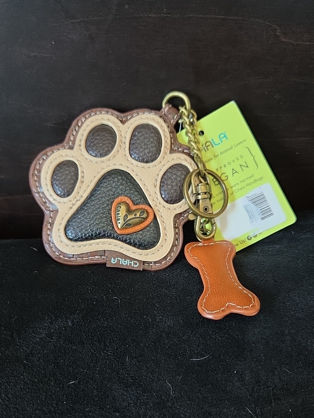 Chala Paw Print Keychain Wallet with Orange Bone Charm - Brown/Tan/Black
